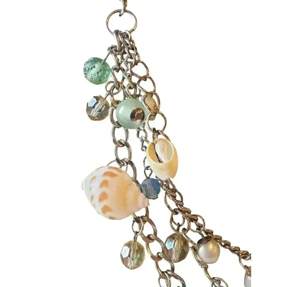 Triple Strand‎ Shell Crystal Bead Bib NecklaceTeal Blues Spring Summer Classic